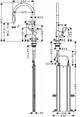 Hansgrohe Spültischmischer mit Ausziehbrause, sichtbare verschiedene Abmessungen und Anschlüsse, schematische Darstellung der Installation, Rohrführung und Höhenangaben.